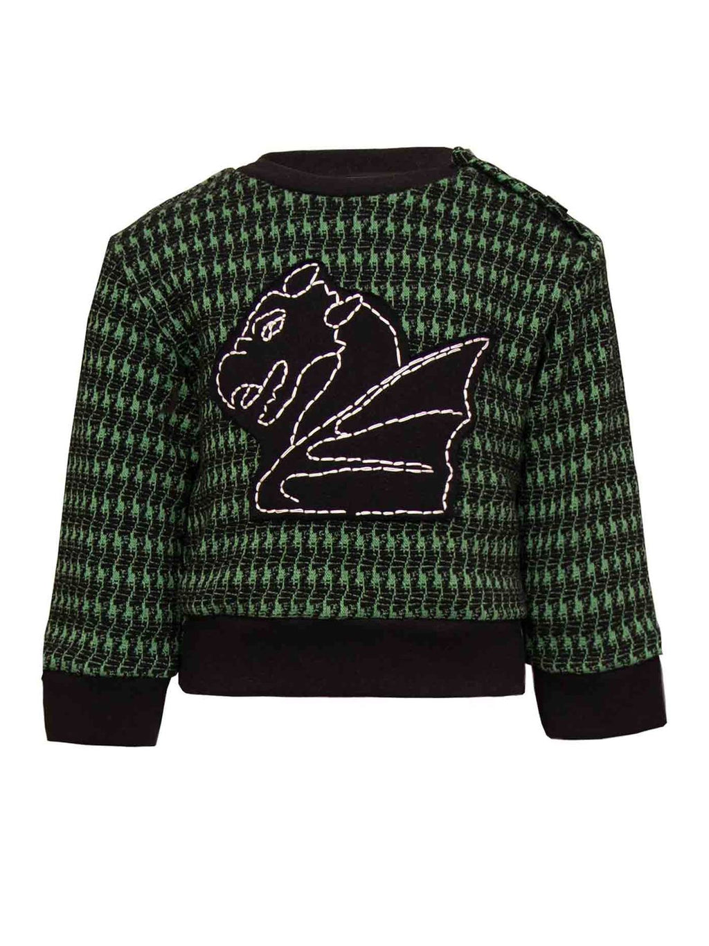 Black and green pied de poule Baby Sweatshirt with Dragon Appliqué