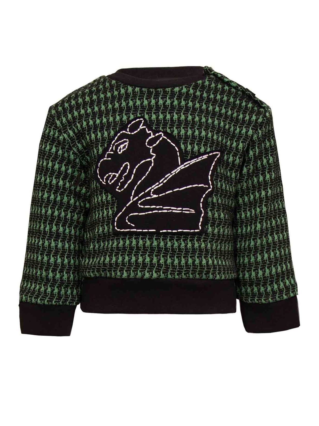 Black and green pied de poule Baby Sweatshirt with Dragon Appliqué