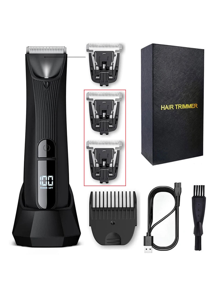 Men's Rechargeable Body Hair Trimmer with 2 Heads & LED Light Black