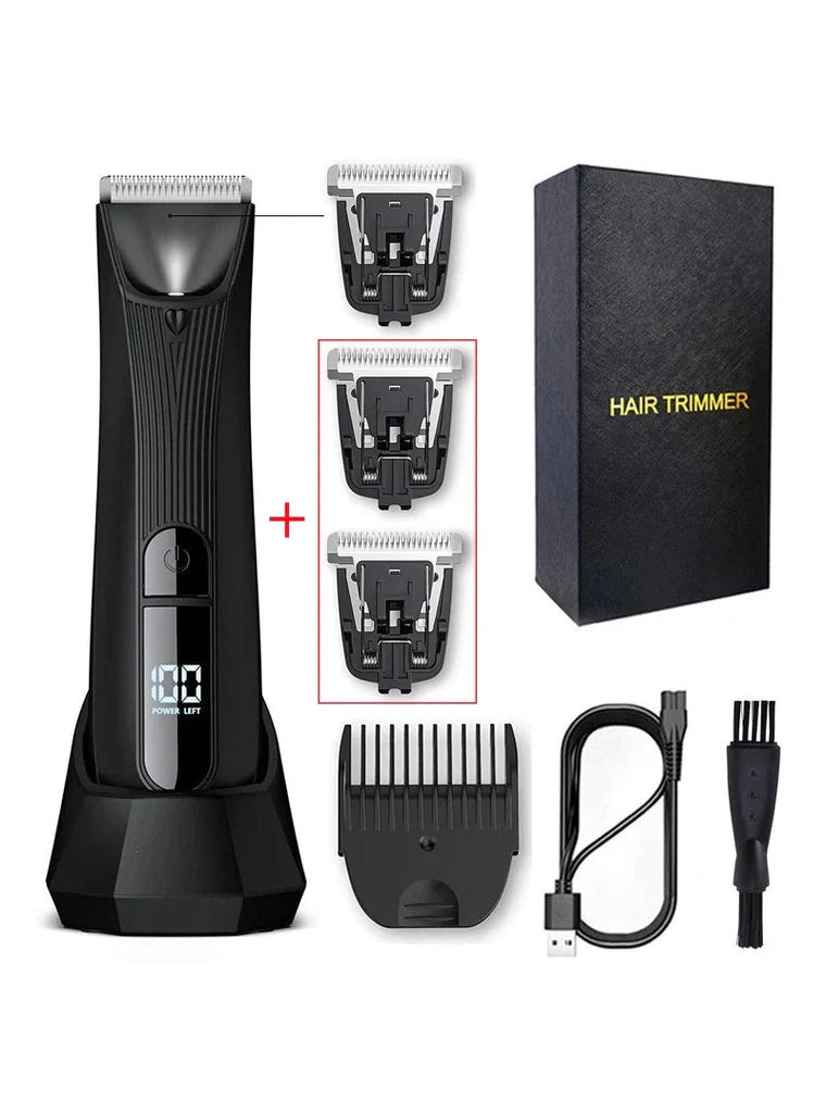 Men's Rechargeable Body Hair Trimmer with 2 Heads & LED Light Black