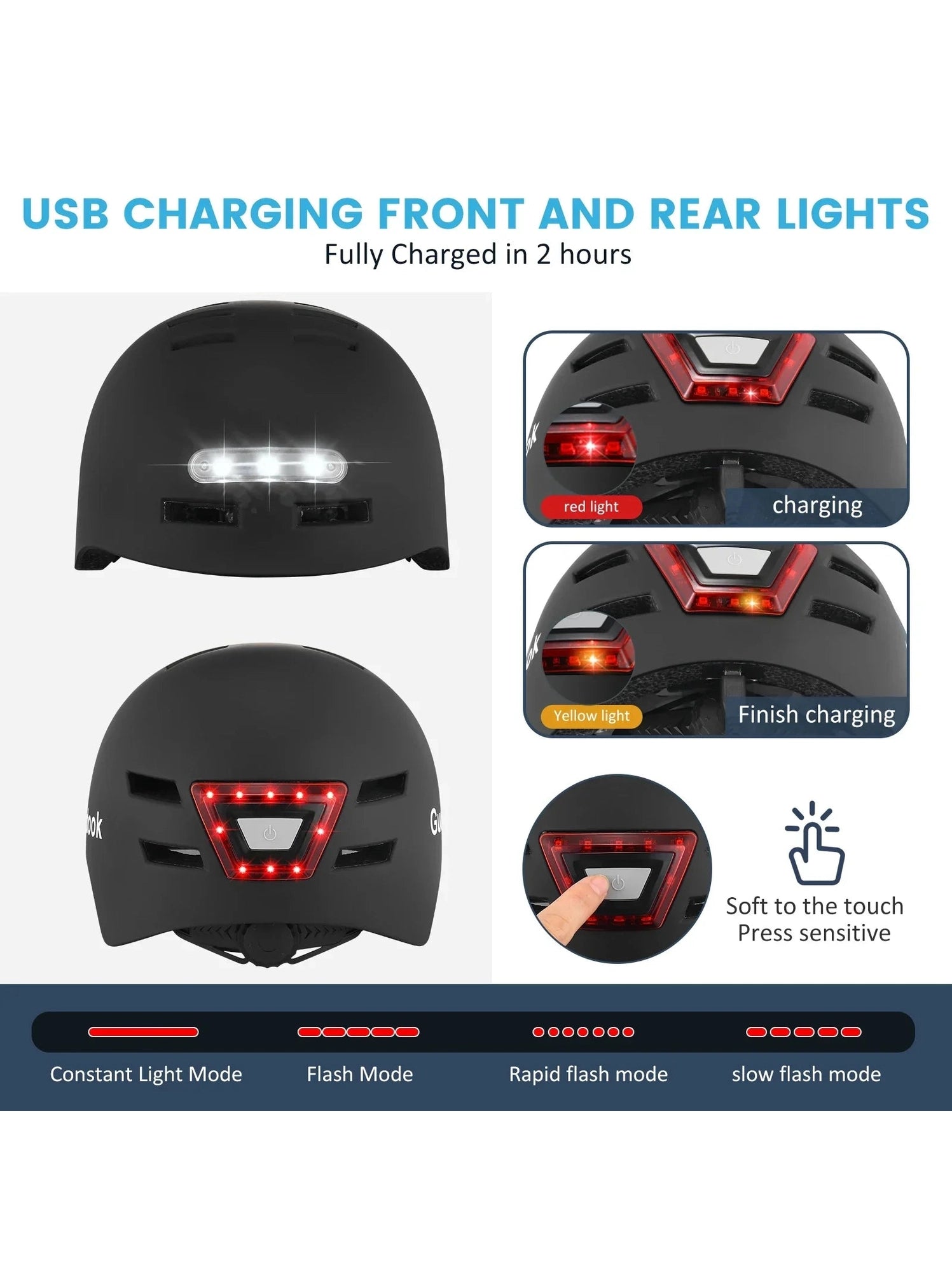 Bike Helmet with Front And Rear Rechargeable LED Lights Matte Black-4