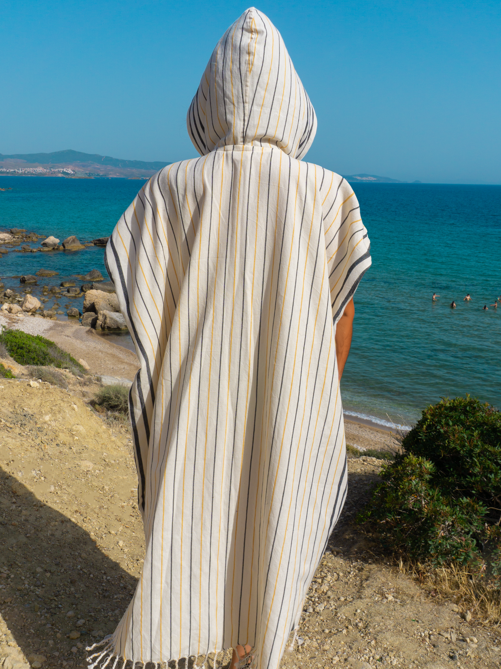 Men Hooded Beach Pool Spa Sauna Poncho Changing Towel - Stripe Yellow