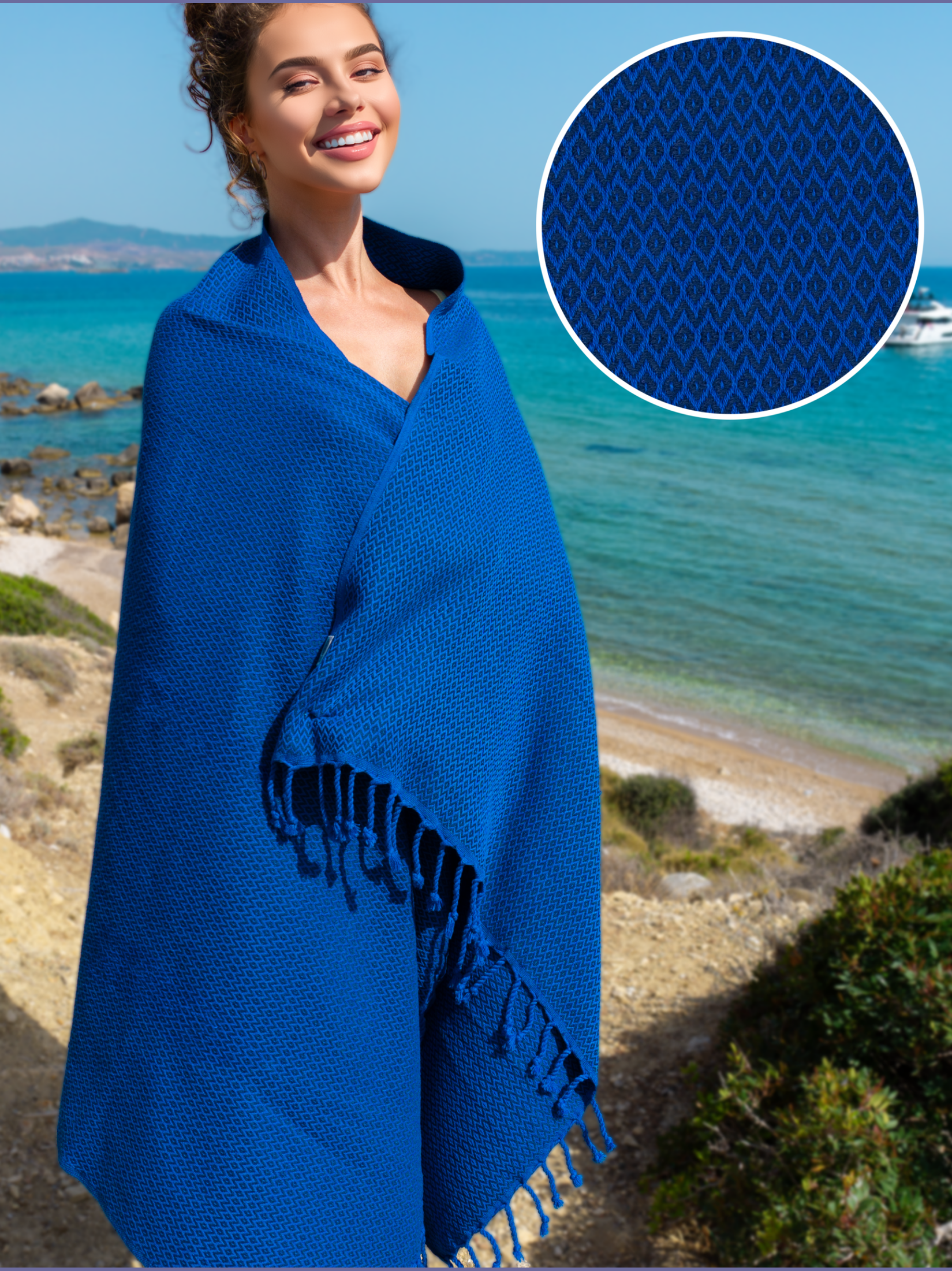 SAMOS Turkish Cotton Scarf Hammam Towel - Blue / Navy Blue 