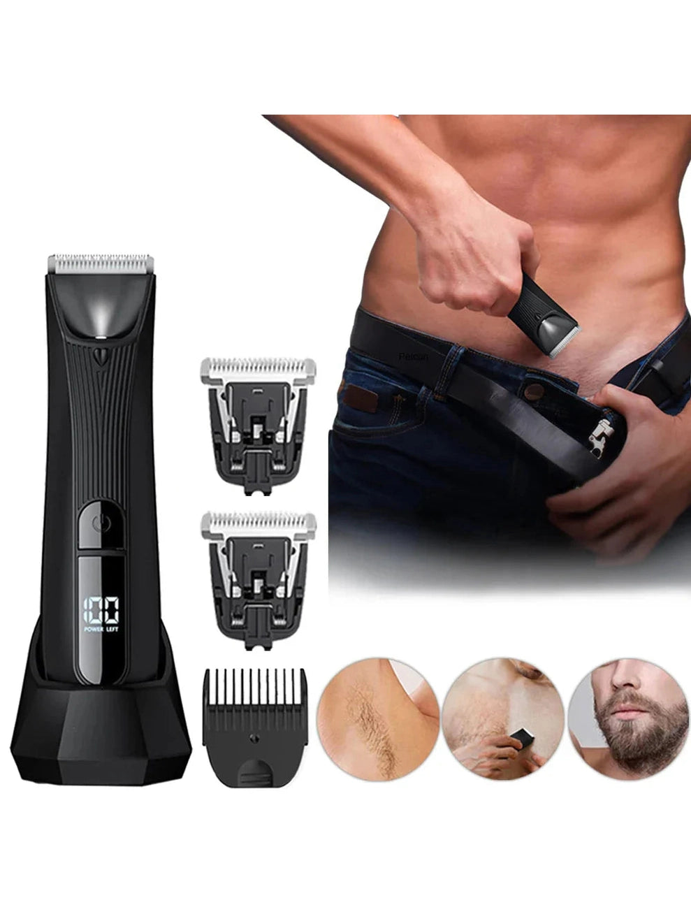 Men's Rechargeable Body Hair Trimmer with 2 Heads & LED Light Black