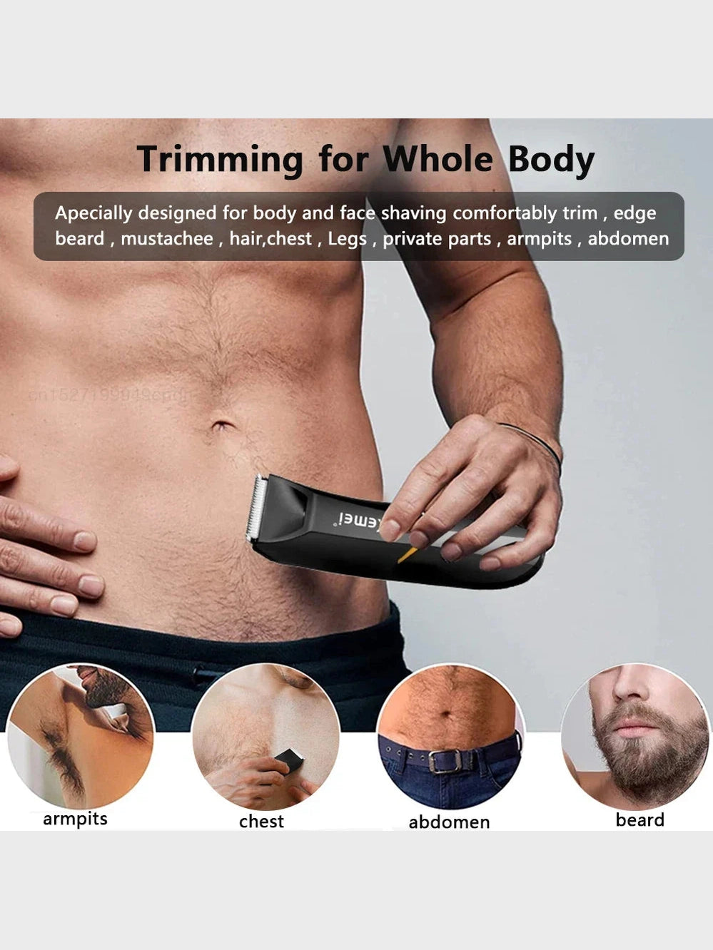 Men's Rechargeable Body Hair Trimmer with 2 Heads & LED Light Black